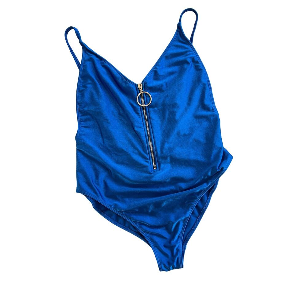 No Boundaries Ribbed Zip Front One-Piece Swimsuit Blue Large 11/13